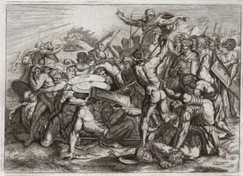 Royaumont Bijbel, Oude Testament: Zon stopt. Jozua achtervolgt zijn Amorietische vijanden en laat de zon stoppen, zodat hij meer tijd heeft om hen te verslaan. Illustratie uit 1811.