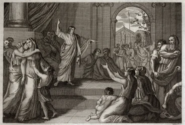 Bijbel van Royaumont, Oude Testament: Susanna bevrijd. God gebruikt de wijsheid van de jonge Daniël om Susanna te bevrijden van de dood, waartoe ze ten onrechte was veroordeeld. Illustratie uit 1811.
