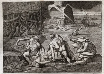 Bijbel van Royaumont, Oude Testament: De Zondvloed. De zondvloed overspoelt de hele aarde. Alleen de Ark redt degenen die erin opgesloten waren van deze ondergang. Illustratie uit 1811.