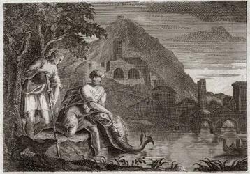 Royaumont Bijbel, Oude Testament: De engel leidt Tobia. Jonge Tobia wordt bang van een vis die hem wilde opeten. Engel Rafaël komt op Gods bevel om hem te begeleiden op een reis die hij moest maken. Illustratie uit 1811.