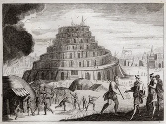 Bijbel van Royaumont, Oude Testament: Toren van Babel. Mannen willen uit ijdelheid een toren naar de hemel bouwen. God verhindert dit werk door hun tongen te verwarren zodat ze elkaar niet meer kunnen verstaan. Illustratie uit 1811.