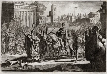 Bijbel van Royaumont, Oude Testament: Triomf van Mardochee. Aman (Haman) wordt door de koning gedwongen om de triomf van Mardochee (of Mordekhai of Mordecai) zijn vijand door de stad Susan (beter bekend als Susa) te verkondigen. Illustratie uit 1811.