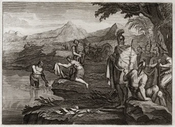 Bijbel van Royaumont, Oude Testament: Oorlog van Naäman. Naäman, generaal van het leger van de koning van Syrië, kwam de profeet Elisa opzoeken om van zijn melaatsheid genezen te worden. Illustratie uit 1811