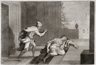 Bijbel van Royaumont, Oude Testament: Vrouw van de mishandelde Leviet. De vrouw van de Leviet werd dood gevonden bij de deur nadat ze door schurken was misbruikt. Illustratie uit 1811.