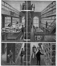 Bibliothèque Nationale in Parijs: ruimte voor de verwerking en archivering van tijdschriften bij het Bureau des Entrées. Gravure in 