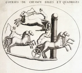 Biges en quadriges paardenraces. 19e-eeuwse gravure
