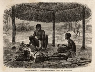 Smeden van de Manganja (etnische groep uit de Zambezi-regio). Gravure ter illustratie van Dr. Livingstone