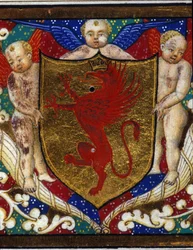 Wapen versiert een griffioenkroon op gouden achtergrond. Detail van een miniatuur.