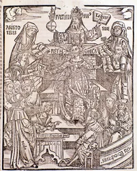 Tak van kennis vertegenwoordigd door Aristoteles (linksboven) vertegenwoordigt Natuurfilosofie, met Seneca die Moraalfilosofie vertegenwoordigt aan de rechterkant, de keizer Justinianus (midden boven). De vrouw in het midden heeft een zwaard en een bloeien