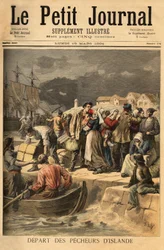 Bretonse zeelieden die in het voorjaar Paimpol verlaten om kabeljauw te zoeken aan de kust van IJsland of Newfoundland. Gravure in 