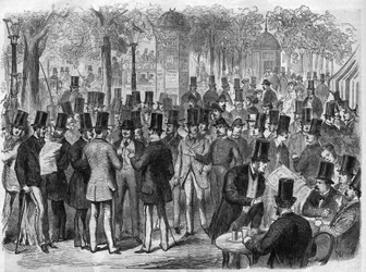 Makelaars bij de kleine Beurs van de Boulevard des Italians in Parijs, Frankrijk. Gravure in 