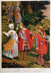 Bucolische scène: ploegen en dorp, dienstmeid en muzikanten