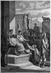 Gevangenschap van Chamacus - Caratacus (Caratacos, Caratacus) in gevangenschap met zijn familie spreekt de Romeinse keizer Claudius (Claude I) (10 v.Chr.-54 n.Chr.) toe - Gravure in 