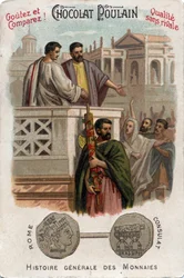 Caius Licinius Calvus Stolon draagt bij aan de toetreding van de Plebejers tot de politieke macht door toegang tot het consulaat te verkrijgen. In Algemene Geschiedenis van Munten. Chocoladeveulen chromolithografie van het einde van de 19e eeuw. Privécolle