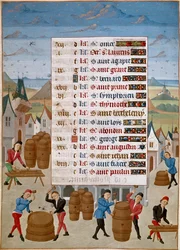 Kalender: Augustus - Fabricage van wijnvaten. Miniatuur van Meester Jean de Rolin uit 