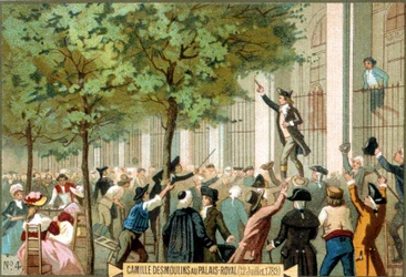 Camille Desmoulins bij het Palais Royal (12/07/1789). Chromolithografie 19e eeuw. - Franse Revolutie/Camille Desmoulins roept op tot een bestorming van de Bastille, Parijs