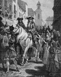 Oorlog van de Camisards (1702-1704): een katholiek probeert de leider van de Camisards, Jean Cavalier (1681-1740), aan te raken. Nîmes, Gard (30). Gravure uit de 19e eeuw. In 