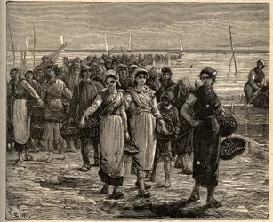 Cancale - Bretagne - Les cancalaises bij de terugkeer van de vissersboten - gravure in 