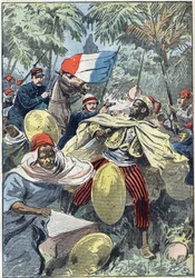 Gevangenneming van Samory Toure (circa 1830-1900), Soedanese leider en tegenstander van de Franse kolonisatie in Afrika, door kapitein Gouraud en luitenant Jacquin. Soedan