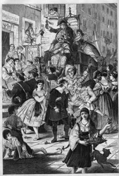Carnaval in Rome: de wandeling van Dr. Pasquin Romeinse gewoonte. Hij biedt de dames op de balkons zijn elixers aan. Gravure in 