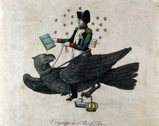 Spotprent over Napoleon over zijn ballingschap op het eiland Elba. Napoleon op een adelaar houdt in zijn rechterhand een boek getiteld Militaire Dienstplicht. Gravure uit de periode.