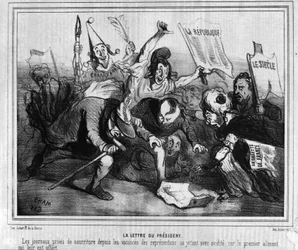 Cartoon over de verkiezingscampagne voor de eerste presidentsverkiezing van 10 december 1848 met de Slag van de Kranten