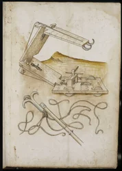 Katapult- en haaksysteem - Manuscript: perkamentblad van een ingenieurshandboek voor de bouw van civiele, religieuze en militaire gebouwen, anoniem, eind 15e eeuw (figuur in Chinese inkt)