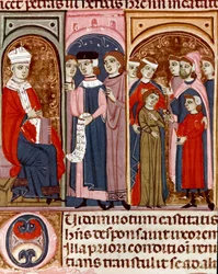 Viering van een miniatuur huwelijk uit de Codex Justinianus, een verzameling wetten en instellingen herzien onder de Romeinse keizer Justinianus I van Byzantium (483-565)