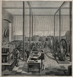 Celluloid: celluloidfabriek. Gravure uit 1885 in 