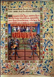 Ceremonies en ordinanties als een belofte van strijd: duel in gesloten veld tussen twee ridders. Miniatuur uit een manuscript van Jean de Rolin (15e eeuw) 1460 Parijs, B.N.