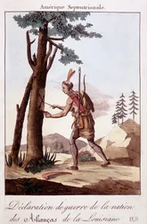 Ceremonie van de oorlogsverklaring onder de Akancas Indianen van Louisiana - gravure