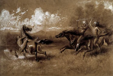 Aanval van Indianen te paard tegen een vijand van een andere stam Anoniem 19e eeuw tekening. La Rochelle, New World Museum