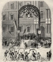 Liefdadigheidsfeesten in Marseille ter herdenking van de aankomst van Frans I waar hij paus Clemens VII ontmoette: farandole gedanst op het Saint-Ferreolplein voor de tribune van koning Frans I. Gravure in 