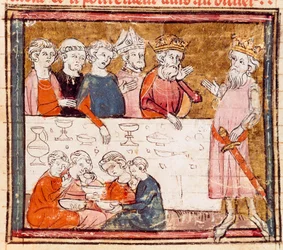 Karel de Grote (742-814) en zijn neef de ridder Roland bij een banket waar de armen Miniatuur uit 