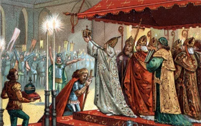 Karel de Grote (742-814) gekroond door paus Leo III (ca. 750-816) in de Sint-Pietersbasiliek in Rome op 25 december 800 - Heiliging (Kroning) van Karel de Grote (742-814) in 800 door paus Leo III