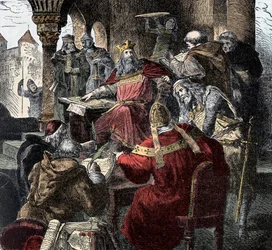 Karel de Grote (742 - 814) op zijn troon presiderend over de Paleisacademie (gravure)