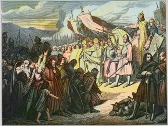 Karel de Grote aanvaardt Wittekinds overgave in Paderborn (785) - Overwinning van Karel de Grote (742-814) op het Saksische leger van Widukind van Saksen (Wittekind) in 785 (Widukind of Witikind - Widukind uit de Saksenoorlogen: de Germaanse leider van de