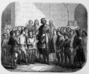 Karel de Grote bezoekt een school - in History of Popes, Kings, Queens, Emperors, through the centuries door Maurice Lachatre