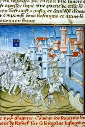 Karel Martel in Poitiers, 732 - Miniatuur uit de 14e eeuw: Verzoek om toestemming van de Gemeentelijke Bibliotheek van Toulouse