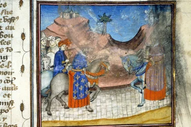 Karel VI. Miniatuur (512, 452r): Verzoek om toestemming aan de Gemeentelijke Bibliotheek van Toulouse (tel: 05 62 27 66 66)