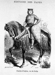 Karel van Anjou, koning van Sicilië - Illustratie in "History of Popes, Kings, Queens, Emperors, through the Centuries" door Maurice Lachatre