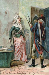 Charlotte Corday (1768 - 1793) na de moord op Marat. Liebig chromolithografie uit de 19e eeuw