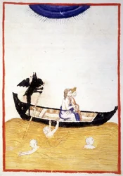 Charon (Caron) laat Dante en Virgil de Acheron oversteken, de rivier van de onderwereld - in 
