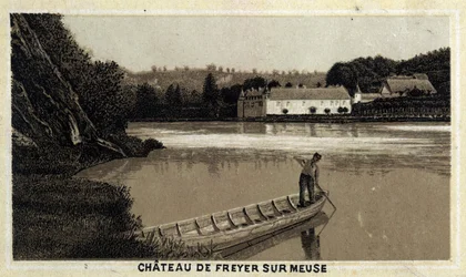 Kasteel van Freyer sur Meuse (Freyer-Sur-Meuse), België. Chromolithografie van de late 19e eeuw.
