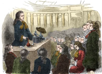 Chemiecursus door Guillaume-François Rouelle (1703-1770), Franse chemicus, aan de Academie van Wetenschappen in 1744. Gravure uit 1861.