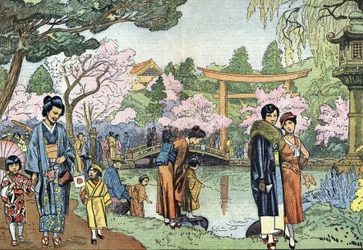 Kersenbloesems in de lente, Japan (Japanse kersenbloesems in Japan in de lente, april 1933) Illustratie uit "Le pelerin" 1933 Privécollectie