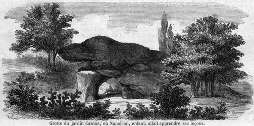 Jeugd van Napoleon I: uitzicht op de grot van de tuin Casone in Corsica waar Napoleon (1769-1821) zijn lessen leerde. Gravure uit de 19e eeuw.