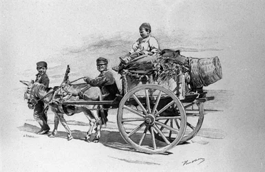 Kinderen van het volk op een kar getrokken door een ezel. Gravure uit de 19e eeuw
