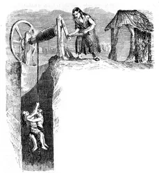 Kinderen dalen af in een kolenmijn in Engeland, circa 1840