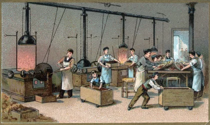 Chocolade maken. Cacaobranderij. Chromolithografie van het einde van de 19e eeuw.